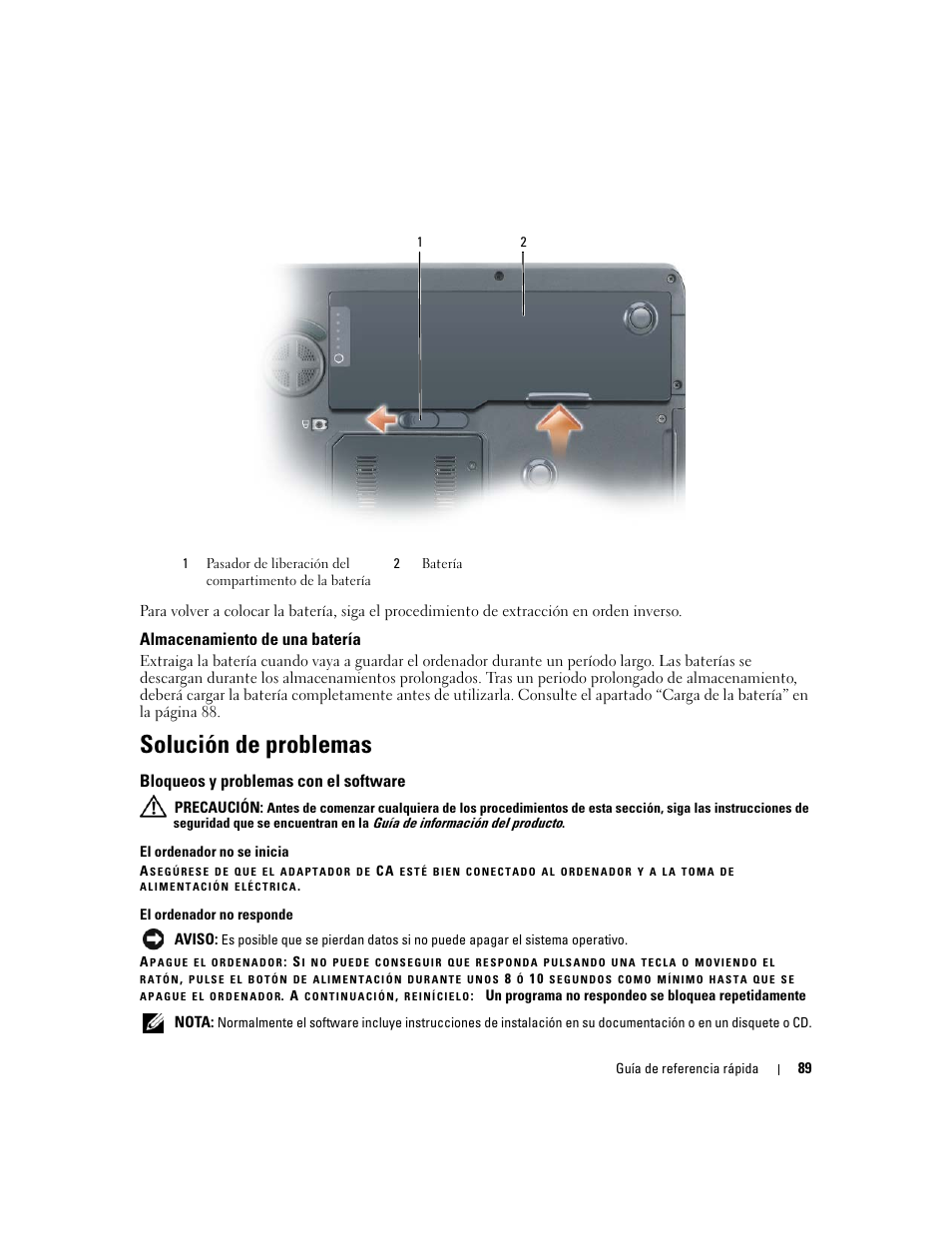 Almacenamiento de una batería, Solución de problemas, Bloqueos y problemas con el software | Dell Precision M90 User Manual | Page 89 / 96