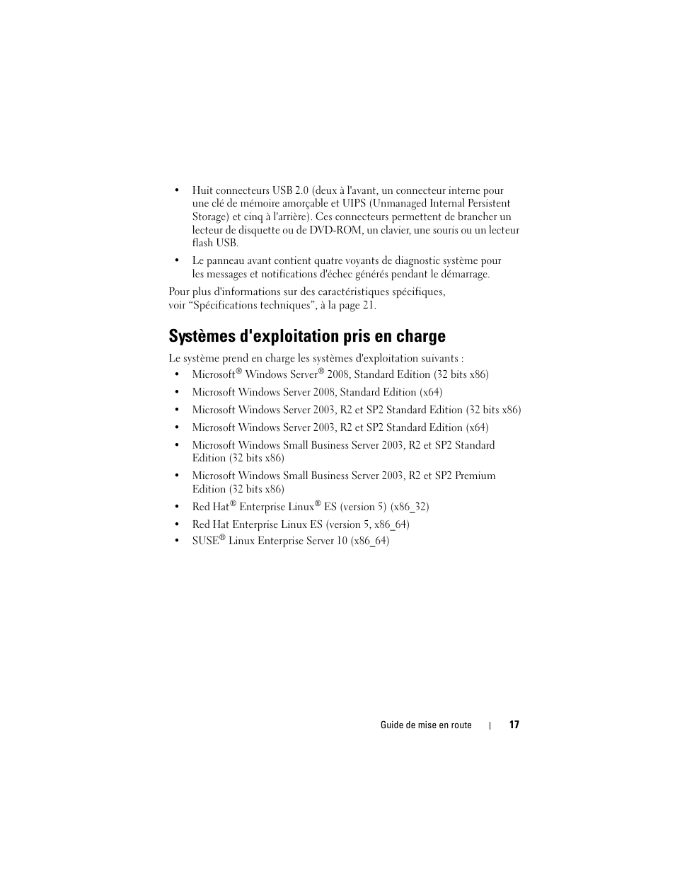 Systèmes d'exploitation pris en charge | Dell PowerEdge T100 User Manual | Page 19 / 50