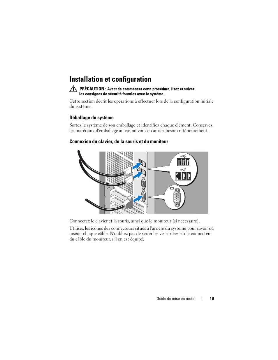 Installation et configuration, Déballage du système, Connexion du clavier, de la souris et du moniteur | Dell PowerEdge T100 User Manual | Page 21 / 50