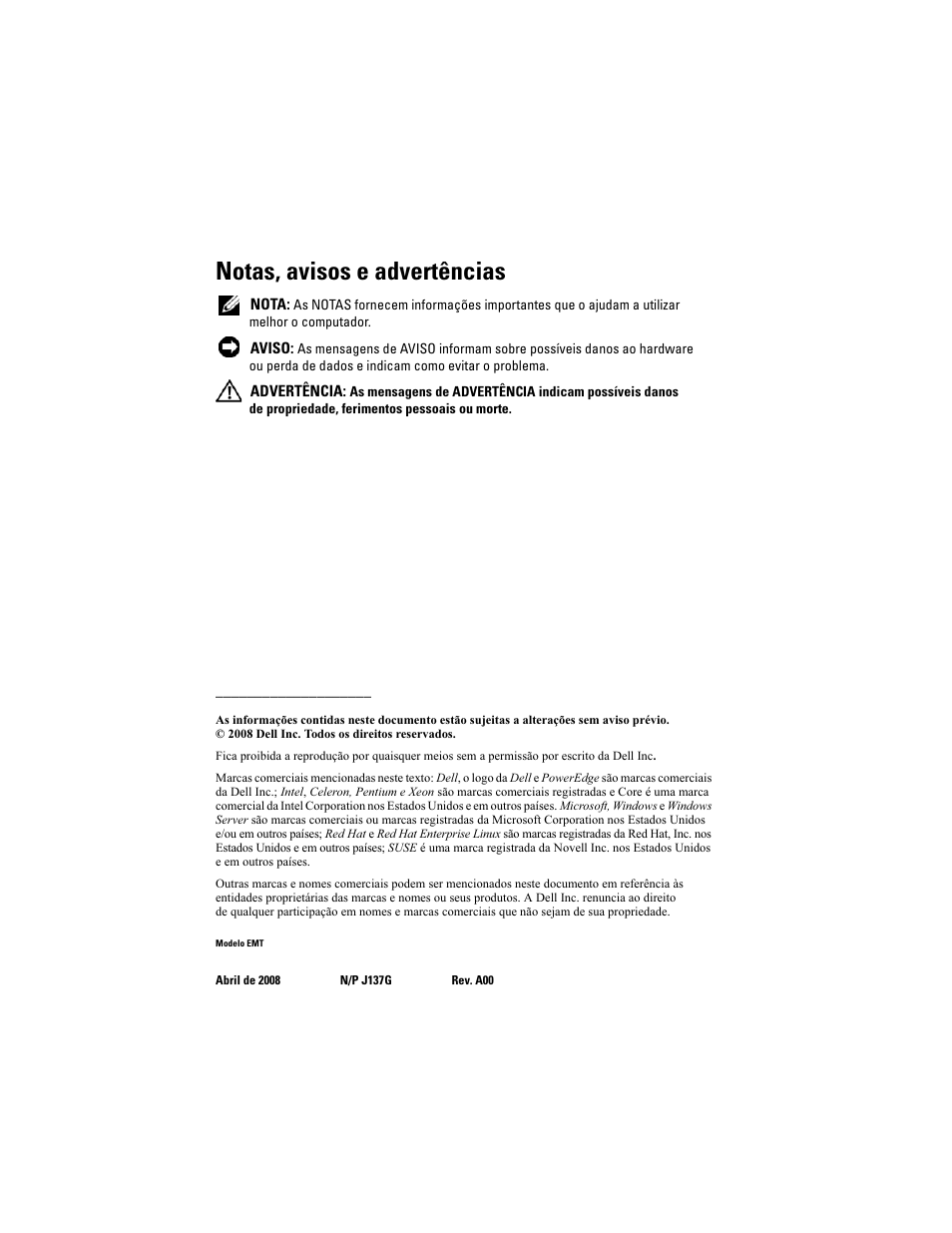 Notas, avisos e advertências | Dell PowerEdge T100 User Manual | Page 28 / 50