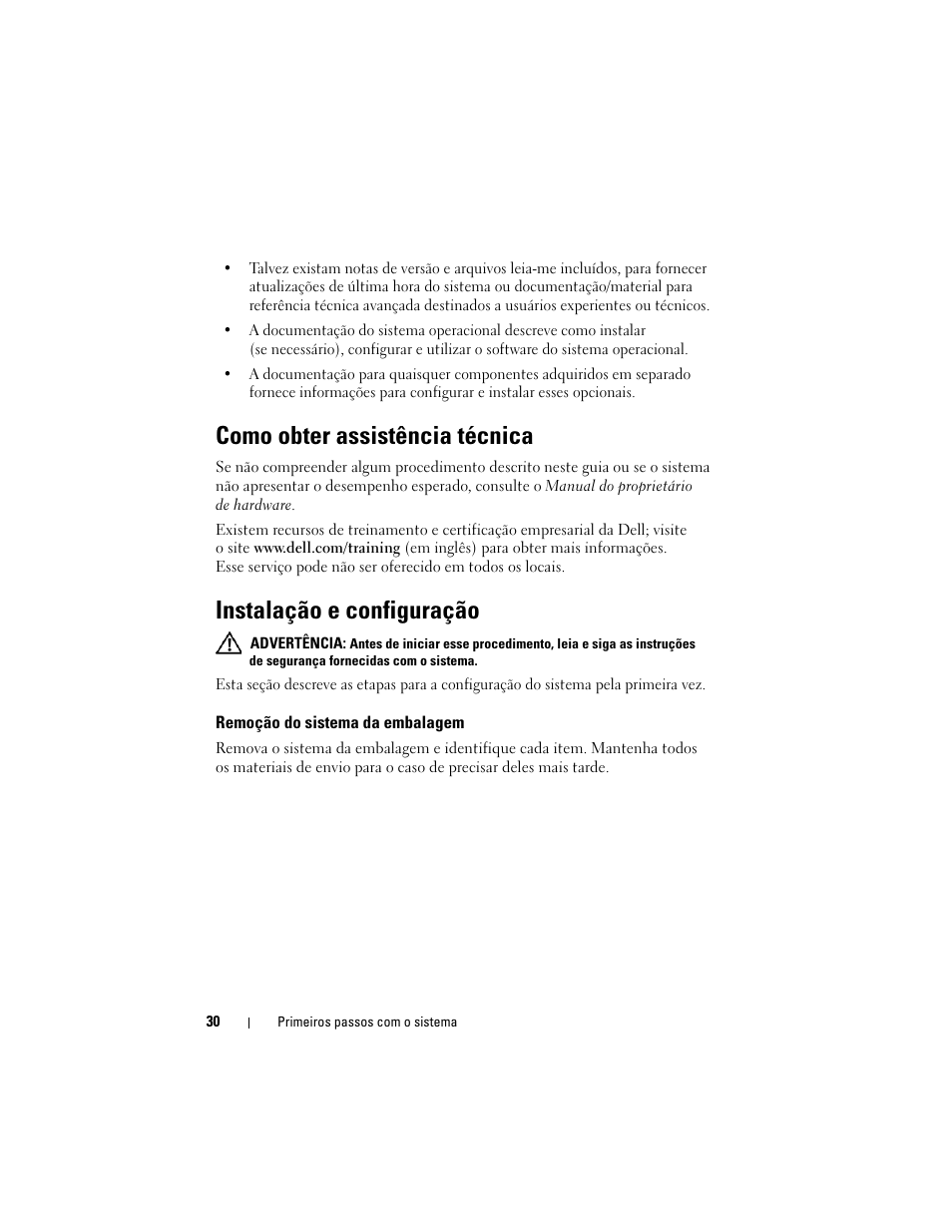 Como obter assistência técnica, Instalação e configuração, Remoção do sistema da embalagem | Dell PowerEdge T100 User Manual | Page 32 / 50