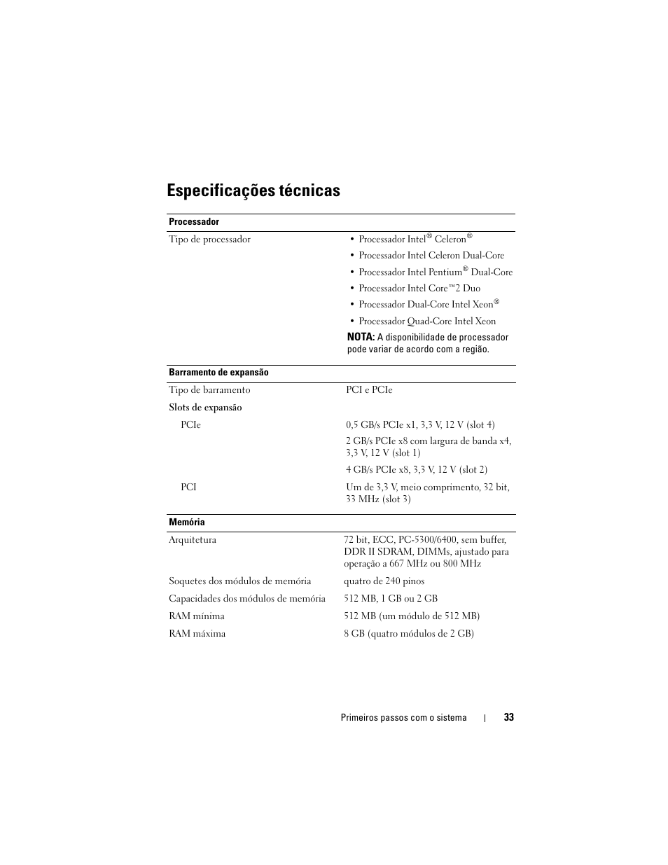 Especificações técnicas | Dell PowerEdge T100 User Manual | Page 35 / 50