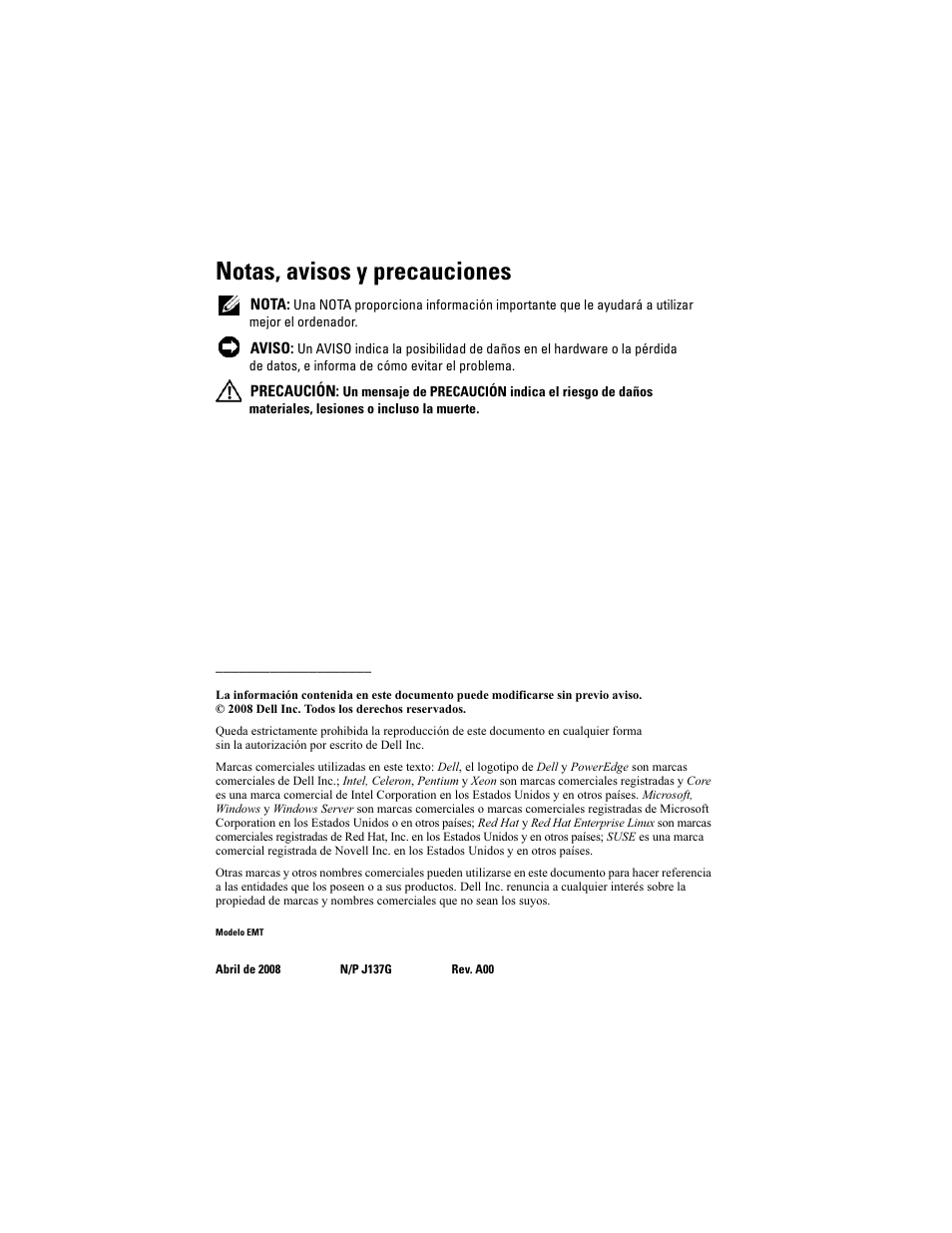 Notas, avisos y precauciones | Dell PowerEdge T100 User Manual | Page 40 / 50