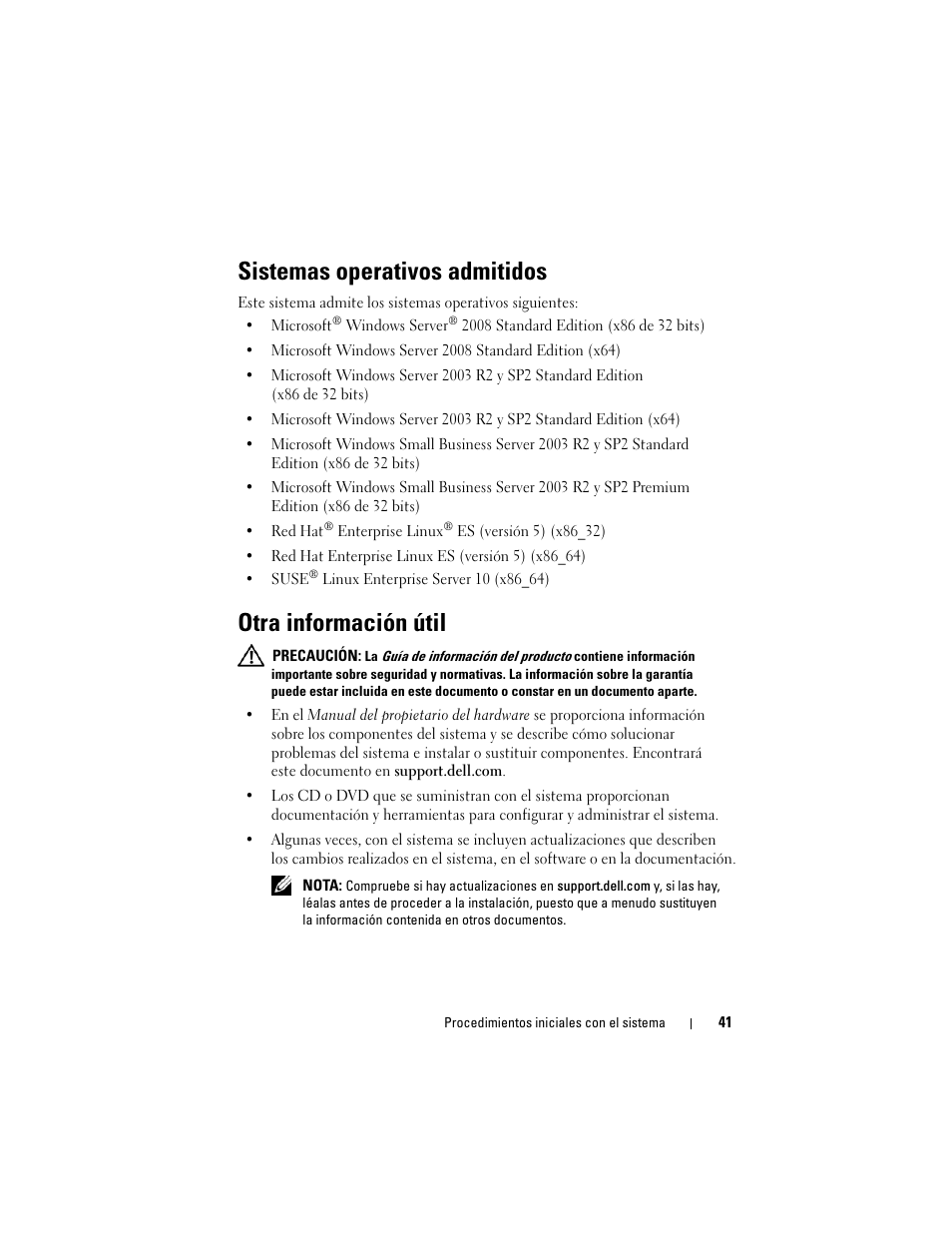 Sistemas operativos admitidos, Otra información útil | Dell PowerEdge T100 User Manual | Page 43 / 50