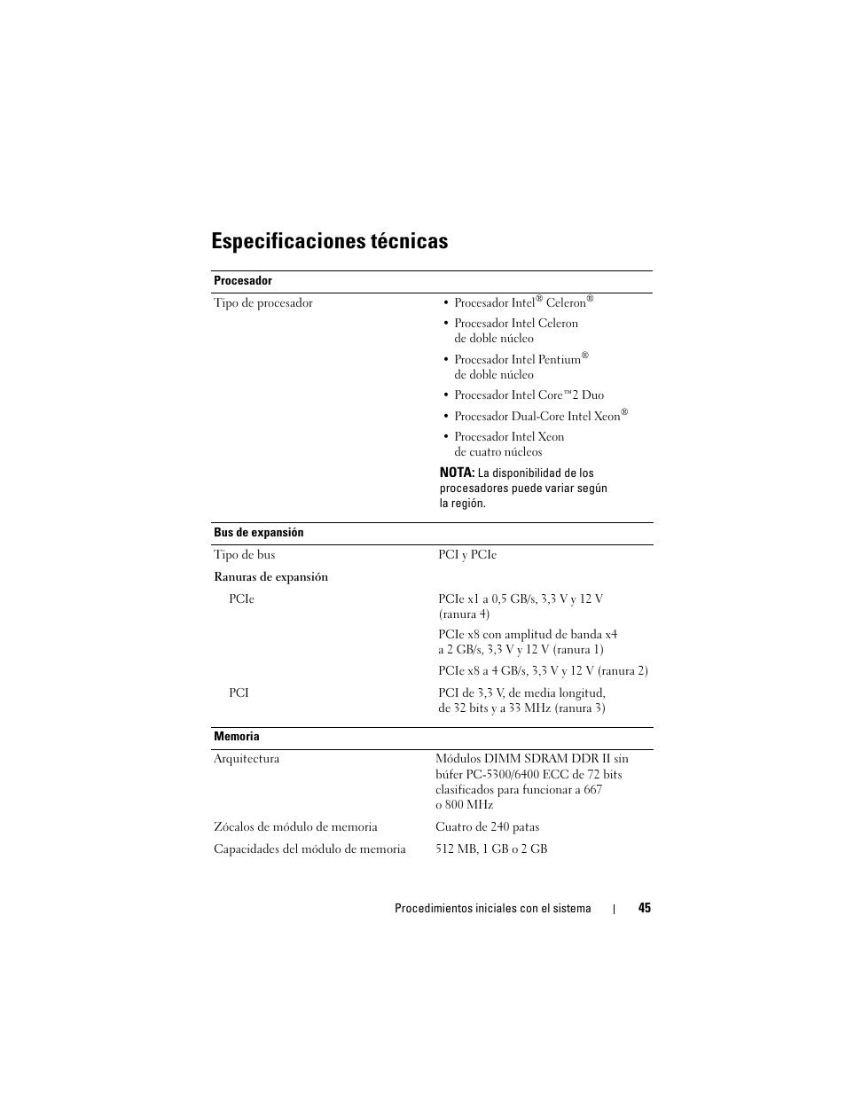 Especificaciones técnicas | Dell PowerEdge T100 User Manual | Page 47 / 50