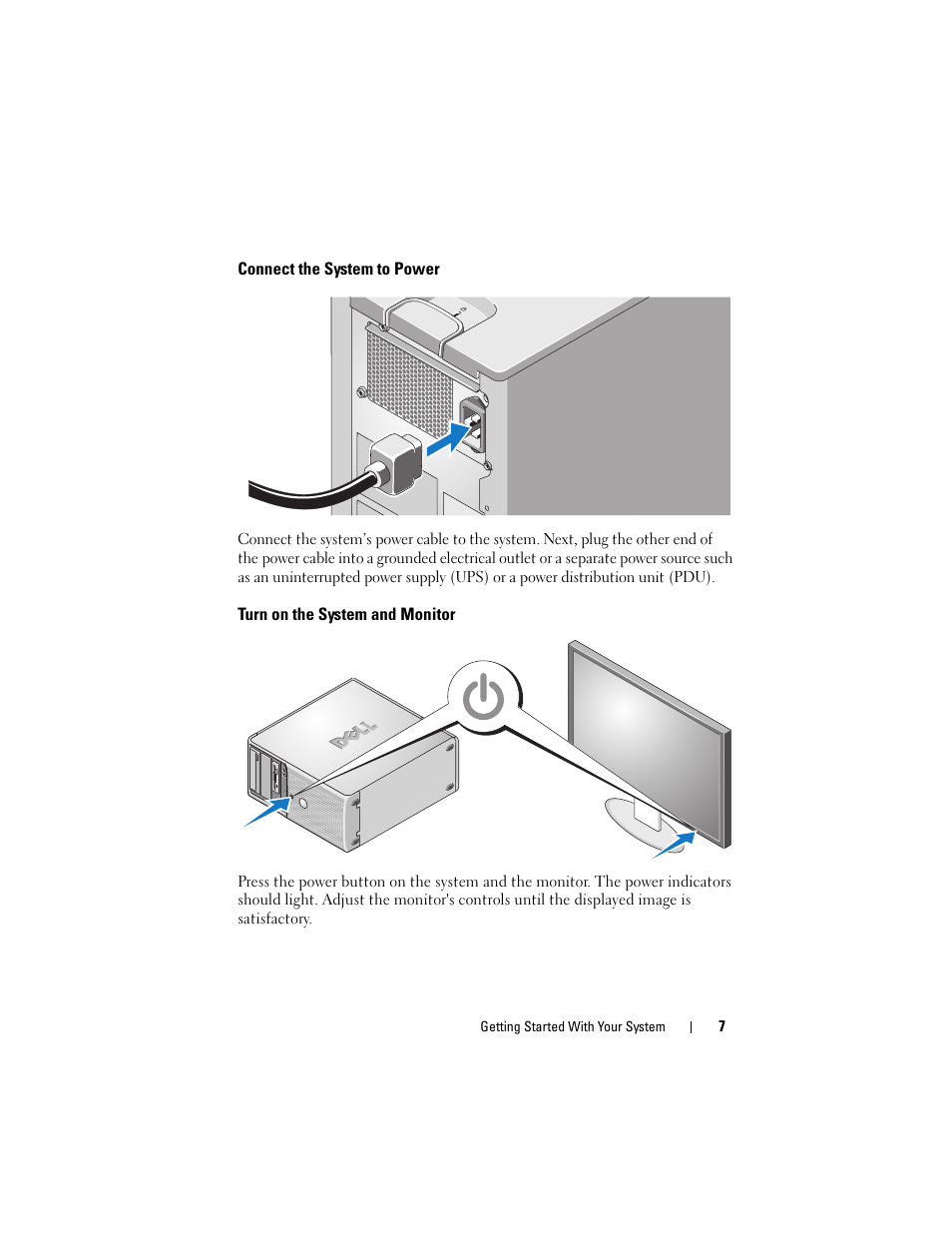 Connect the system to power, Turn on the system and monitor | Dell PowerEdge T100 User Manual | Page 9 / 50