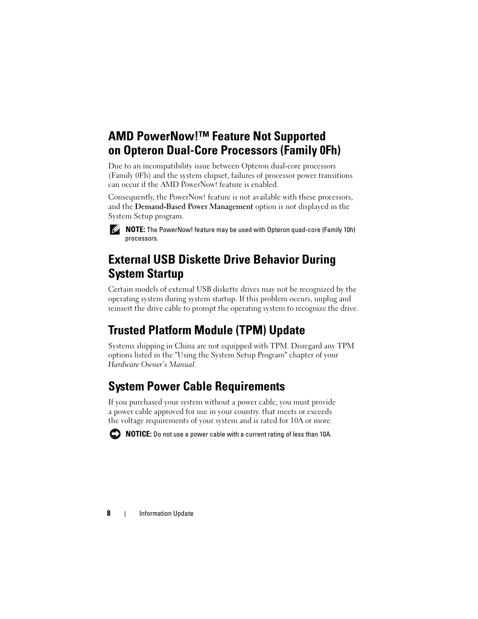 Trusted platform module (tpm) update, System power cable requirements | Dell PowerEdge R905 User Manual | Page 10 / 80