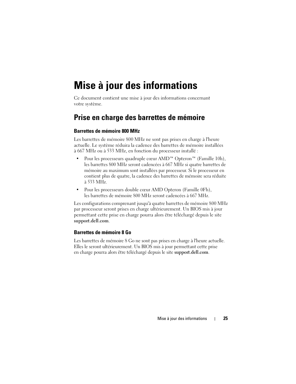 Mise à jour des informations, Prise en charge des barrettes de mémoire, Barrettes de mémoire 800 mhz | Barrettes de mémoire 8 go | Dell PowerEdge R905 User Manual | Page 27 / 80