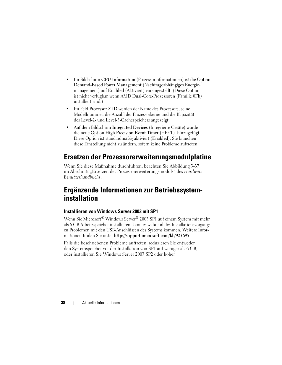 Ersetzen der prozessorerweiterungsmodulplatine, Installieren von windows server 2003 mit sp1 | Dell PowerEdge R905 User Manual | Page 40 / 80