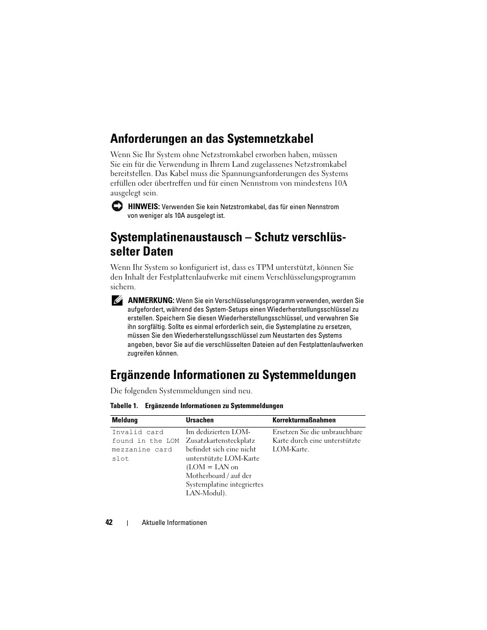 Anforderungen an das systemnetzkabel, Ergänzende informationen zu systemmeldungen | Dell PowerEdge R905 User Manual | Page 44 / 80
