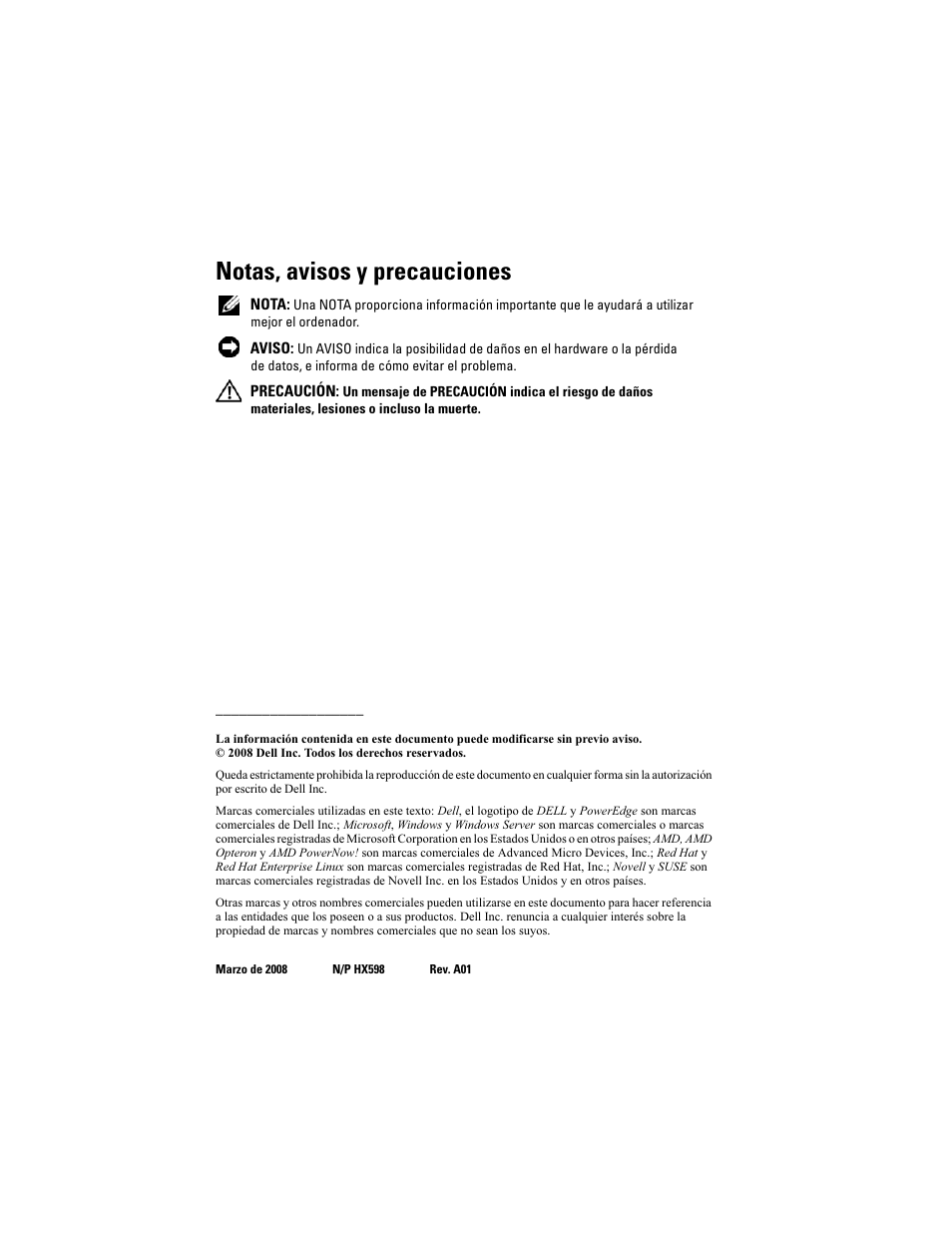Notas, avisos y precauciones | Dell PowerEdge R905 User Manual | Page 70 / 80
