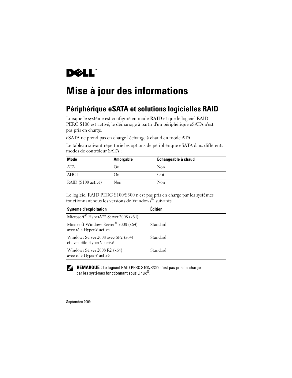 Mise à jour des informations, Périphérique esata et solutions logicielles raid | Dell PowerEdge T110 User Manual | Page 5 / 14