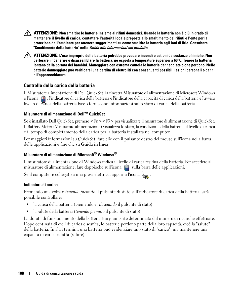 Controllo della carica della batteria | Dell Latitude D531 (Mid 2007) User Manual | Page 108 / 142