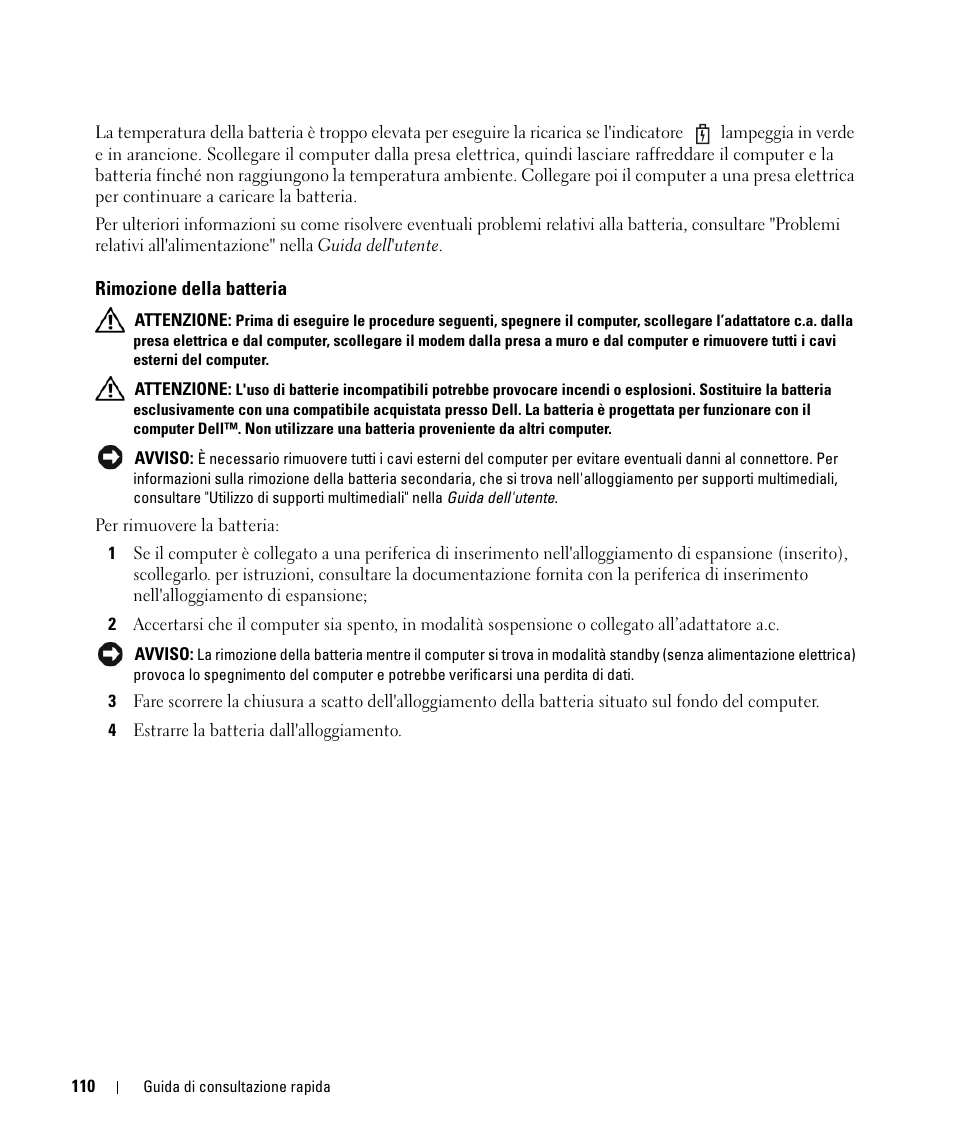 Rimozione della batteria | Dell Latitude D531 (Mid 2007) User Manual | Page 110 / 142