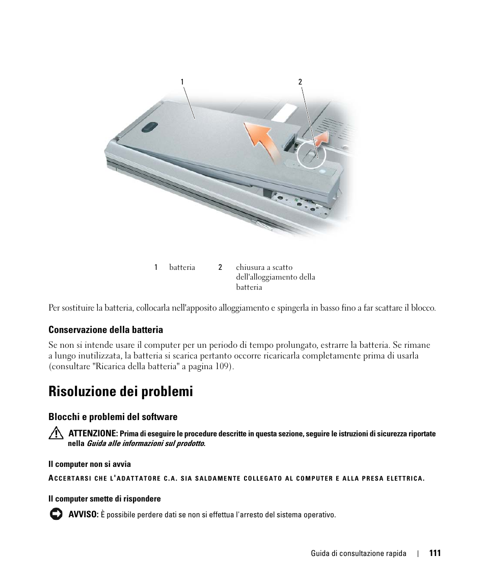 Conservazione della batteria, Risoluzione dei problemi, Blocchi e problemi del software | Dell Latitude D531 (Mid 2007) User Manual | Page 111 / 142