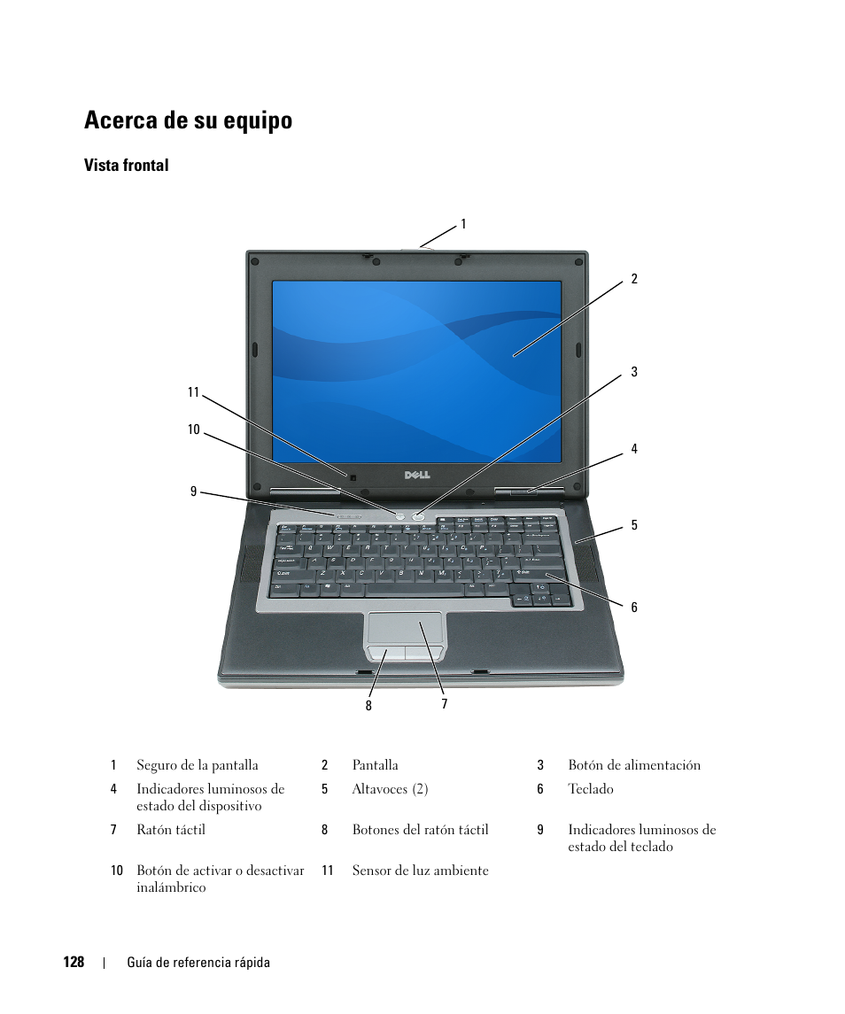 Acerca de su equipo, Vista frontal | Dell Latitude D531 (Mid 2007) User Manual | Page 128 / 142