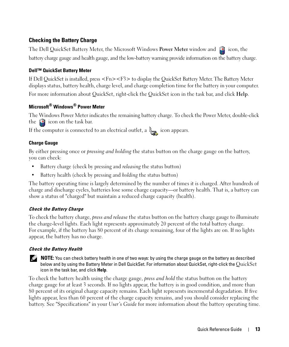 Checking the battery charge | Dell Latitude D531 (Mid 2007) User Manual | Page 13 / 142