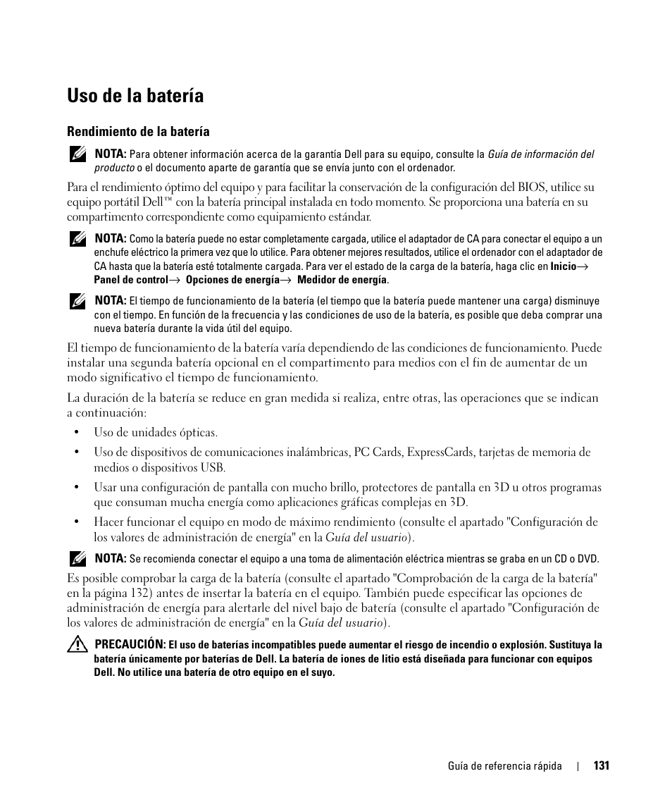 Uso de la batería, Rendimiento de la batería | Dell Latitude D531 (Mid 2007) User Manual | Page 131 / 142