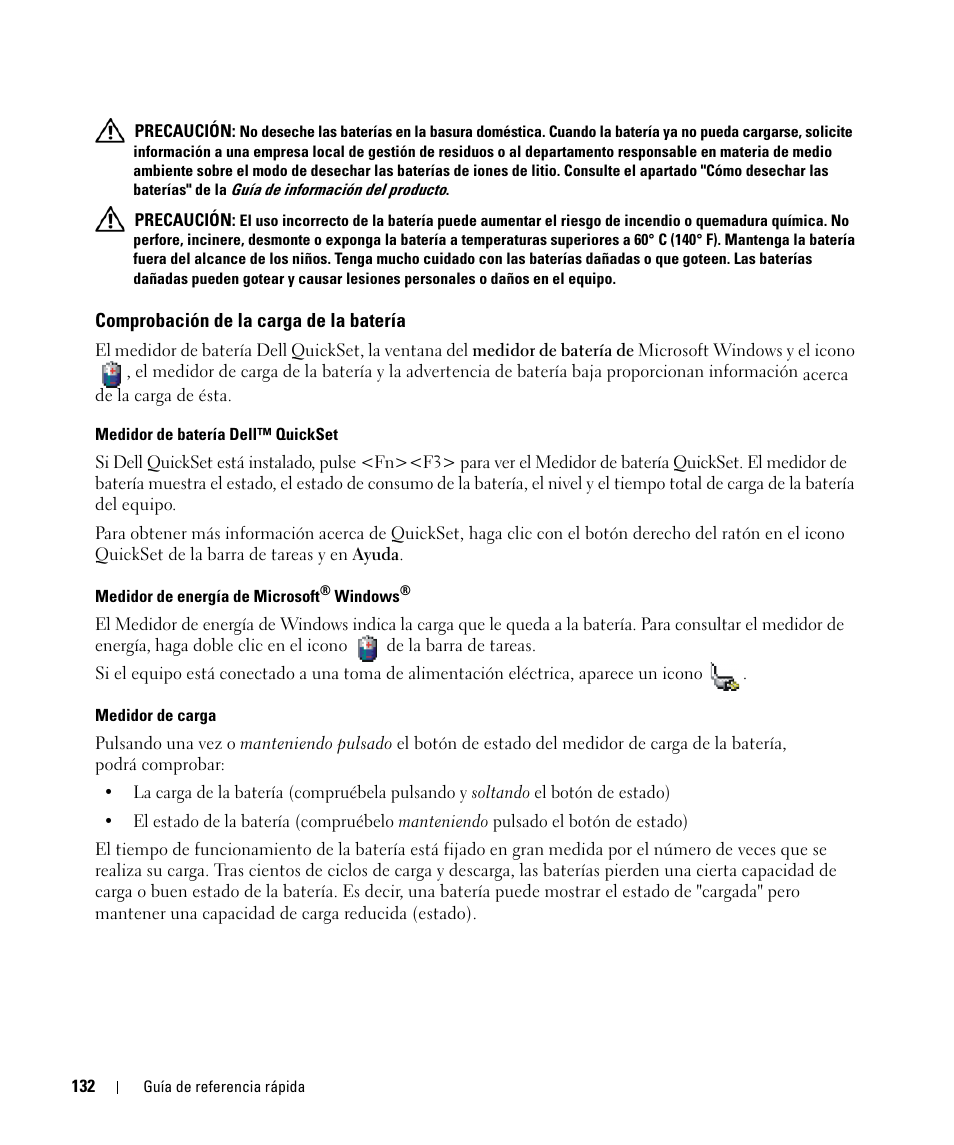 Comprobación de la carga de la batería | Dell Latitude D531 (Mid 2007) User Manual | Page 132 / 142