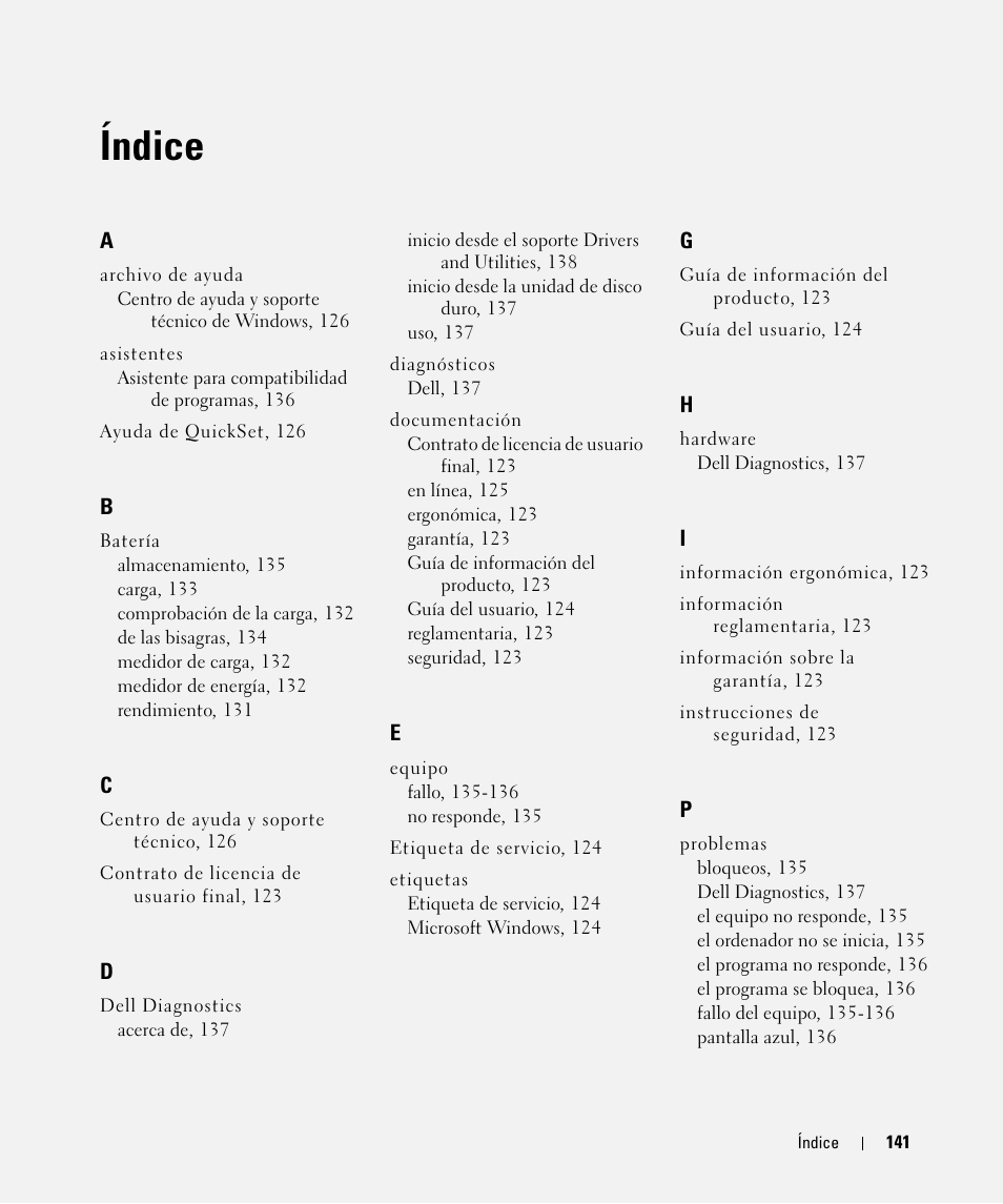 Índice | Dell Latitude D531 (Mid 2007) User Manual | Page 141 / 142