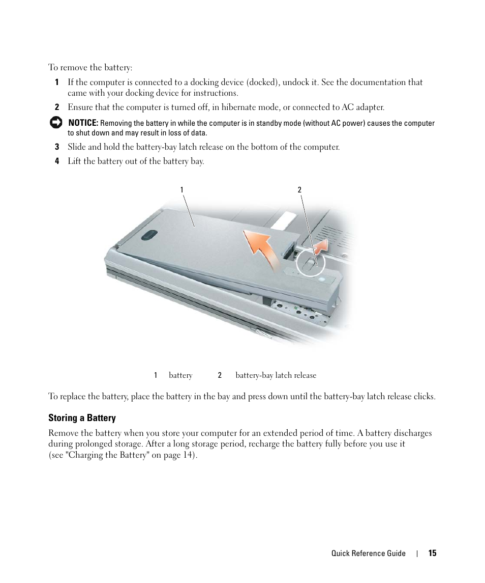 Storing a battery | Dell Latitude D531 (Mid 2007) User Manual | Page 15 / 142