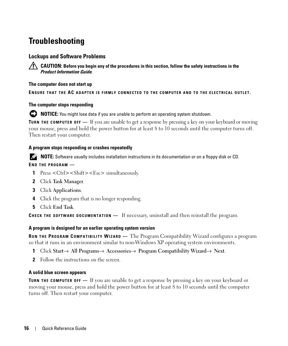 Troubleshooting, Lockups and software problems | Dell Latitude D531 (Mid 2007) User Manual | Page 16 / 142