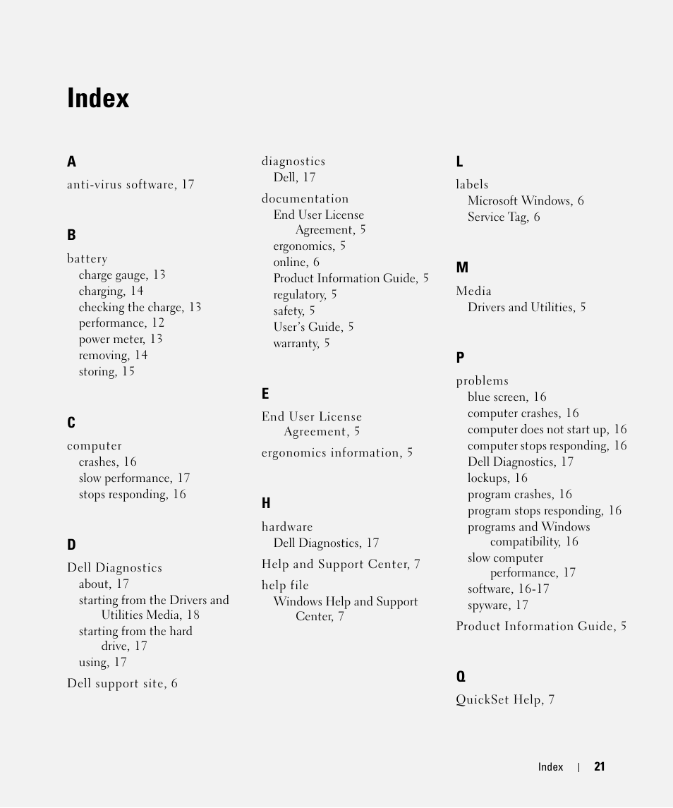 Index | Dell Latitude D531 (Mid 2007) User Manual | Page 21 / 142