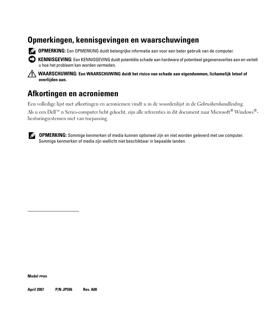 Opmerkingen, kennisgevingen en waarschuwingen, Afkortingen en acroniemen | Dell Latitude D531 (Mid 2007) User Manual | Page 24 / 142