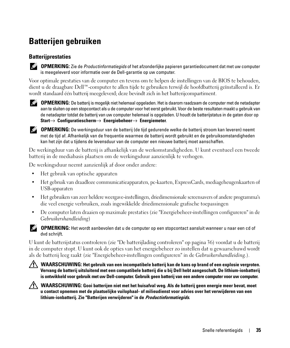 Batterijen gebruiken, Batterijprestaties | Dell Latitude D531 (Mid 2007) User Manual | Page 35 / 142