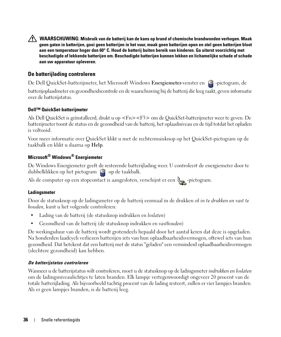 De batterijlading controleren | Dell Latitude D531 (Mid 2007) User Manual | Page 36 / 142