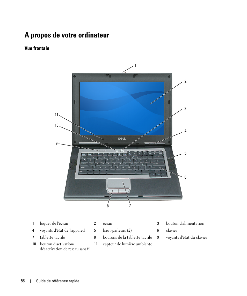 A propos de votre ordinateur, Vue frontale | Dell Latitude D531 (Mid 2007) User Manual | Page 56 / 142