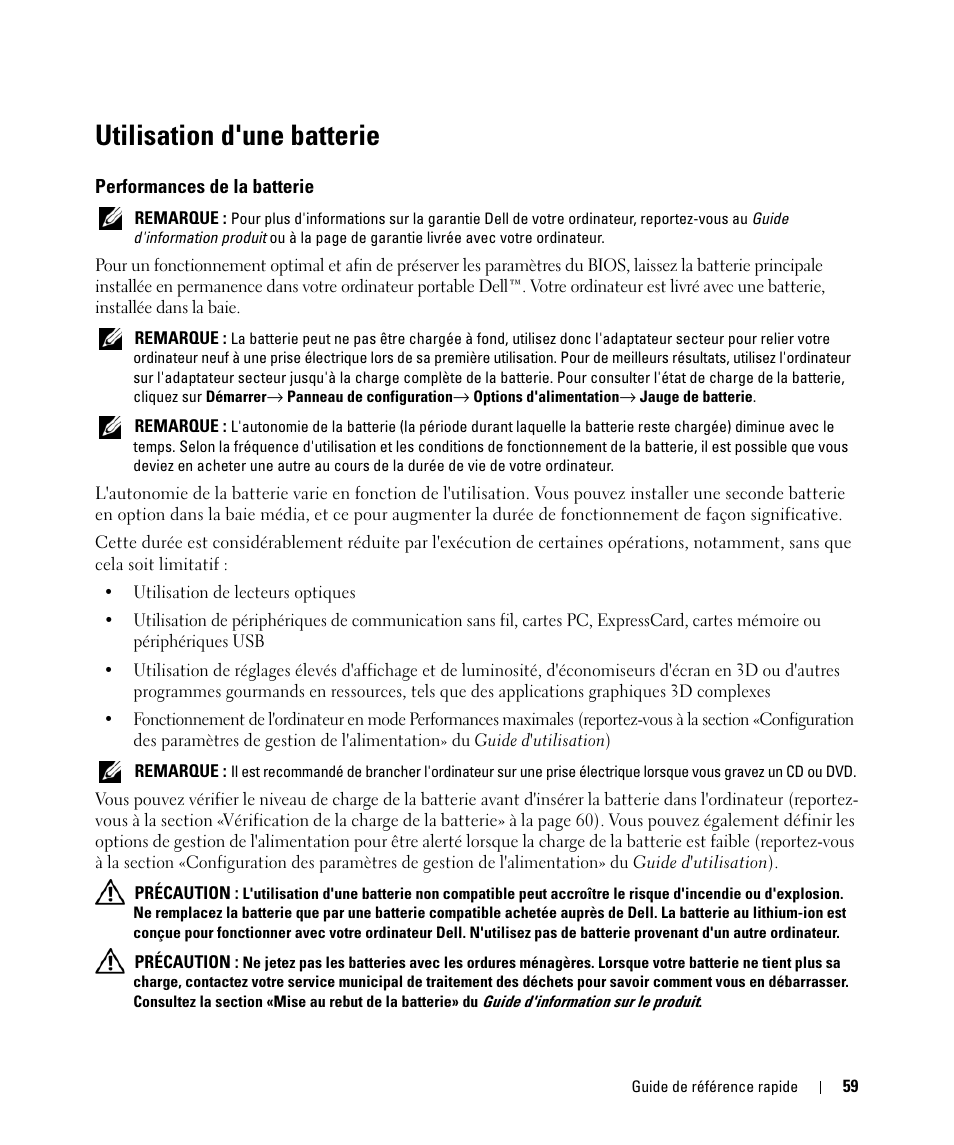 Utilisation d'une batterie, Performances de la batterie | Dell Latitude D531 (Mid 2007) User Manual | Page 59 / 142