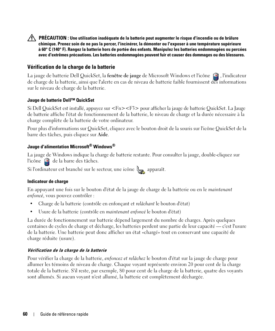 Vérification de la charge de la batterie | Dell Latitude D531 (Mid 2007) User Manual | Page 60 / 142