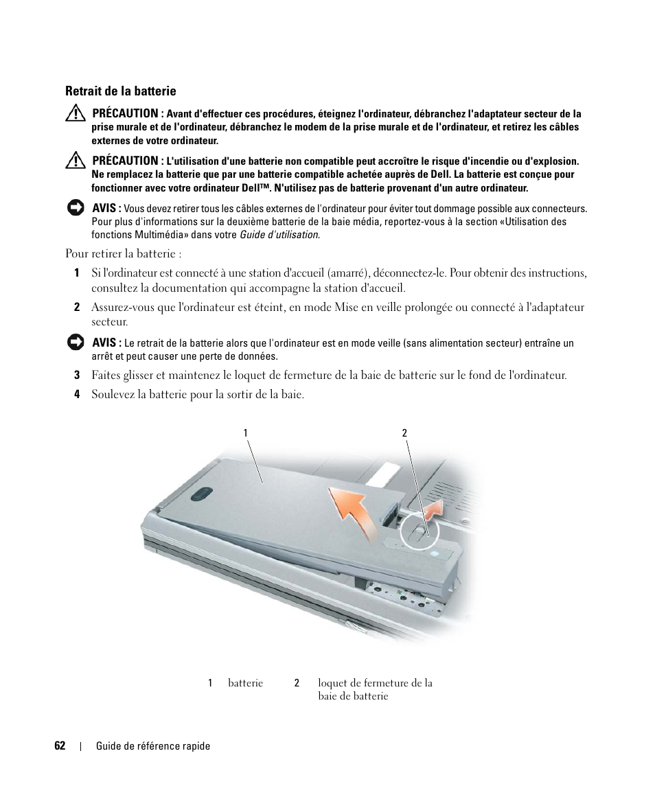 Retrait de la batterie | Dell Latitude D531 (Mid 2007) User Manual | Page 62 / 142