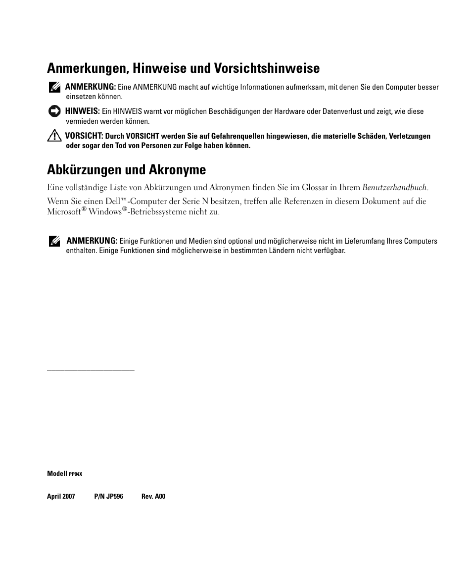 Anmerkungen, hinweise und vorsichtshinweise, Abkürzungen und akronyme | Dell Latitude D531 (Mid 2007) User Manual | Page 72 / 142