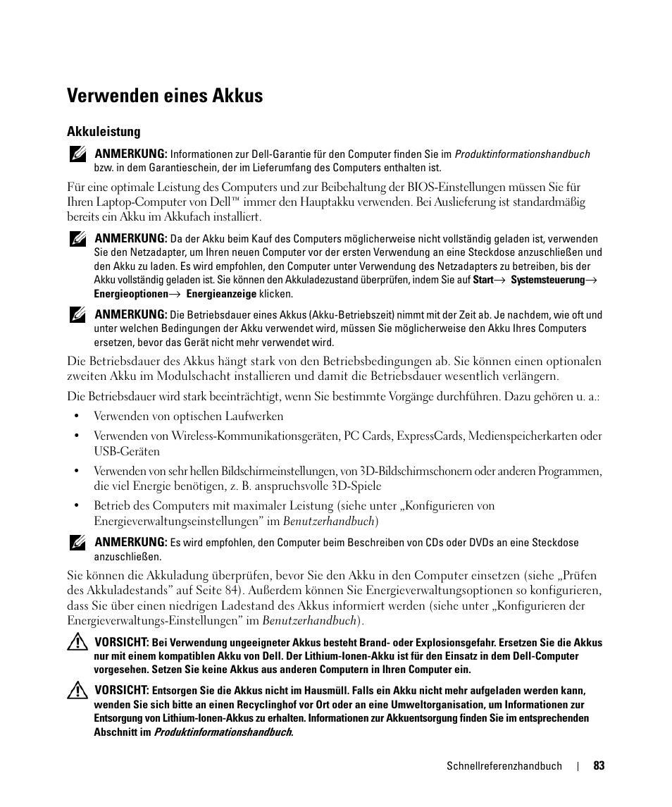 Verwenden eines akkus, Akkuleistung | Dell Latitude D531 (Mid 2007) User Manual | Page 83 / 142