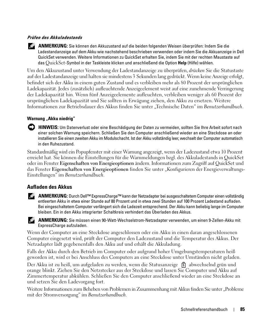 Aufladen des akkus | Dell Latitude D531 (Mid 2007) User Manual | Page 85 / 142