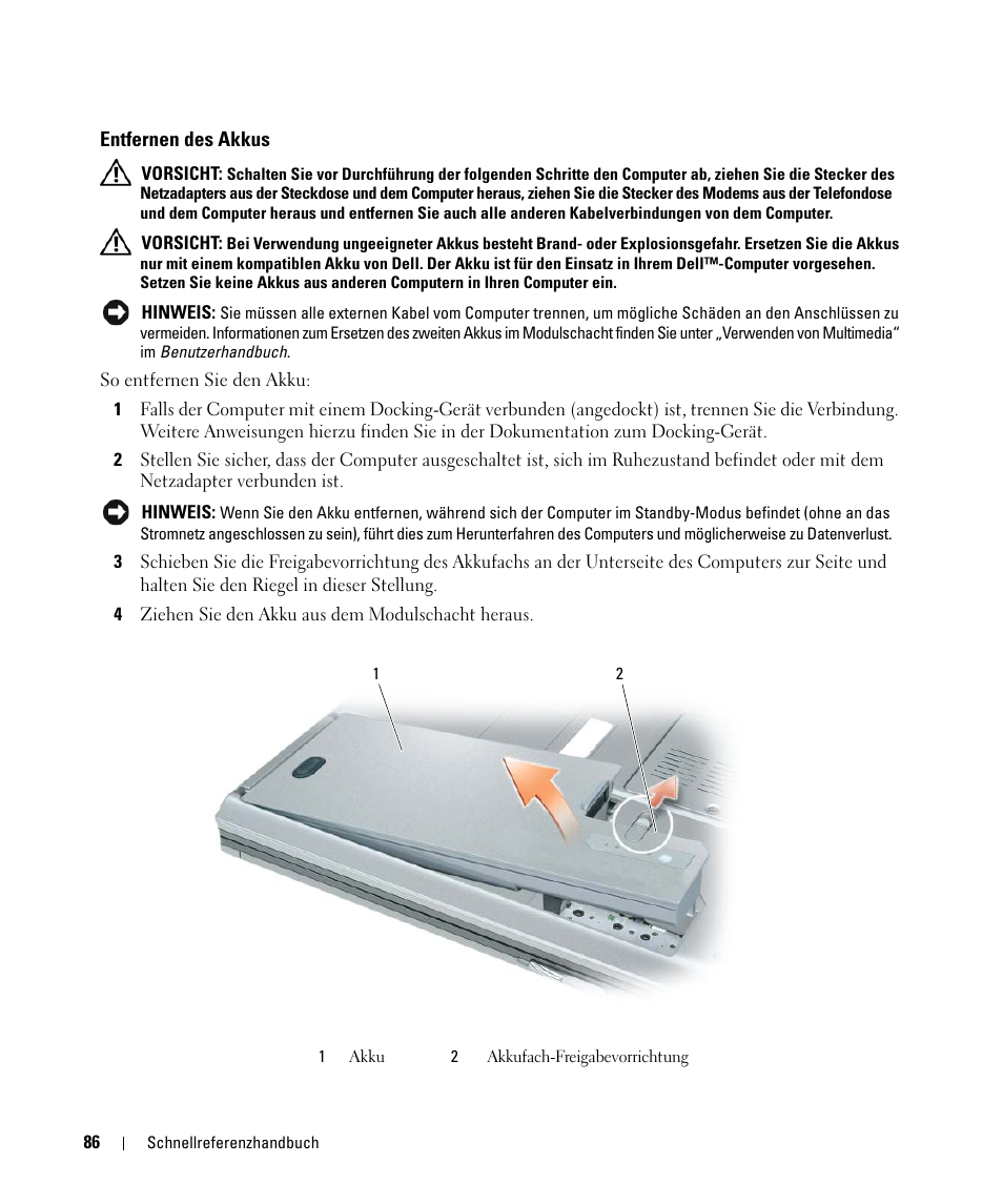 Entfernen des akkus | Dell Latitude D531 (Mid 2007) User Manual | Page 86 / 142
