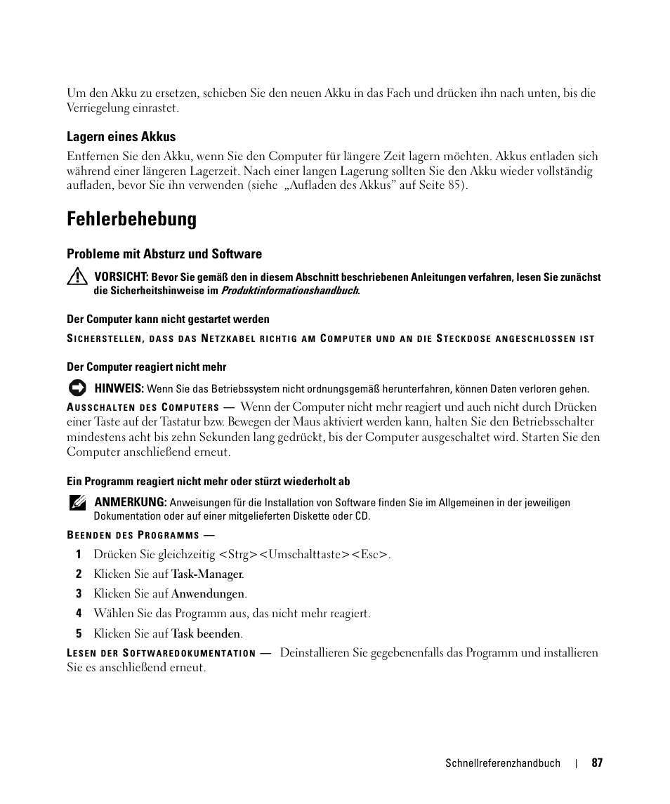 Lagern eines akkus, Fehlerbehebung, Probleme mit absturz und software | Dell Latitude D531 (Mid 2007) User Manual | Page 87 / 142