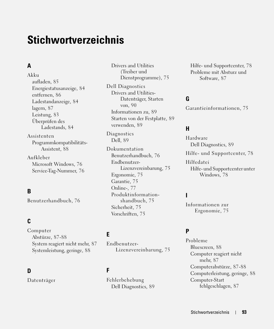 Index, Stichwortverzeichnis | Dell Latitude D531 (Mid 2007) User Manual | Page 93 / 142