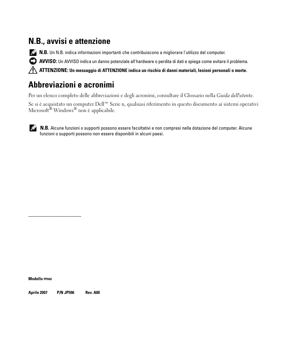 N.b., avvisi e attenzione, Abbreviazioni e acronimi | Dell Latitude D531 (Mid 2007) User Manual | Page 96 / 142