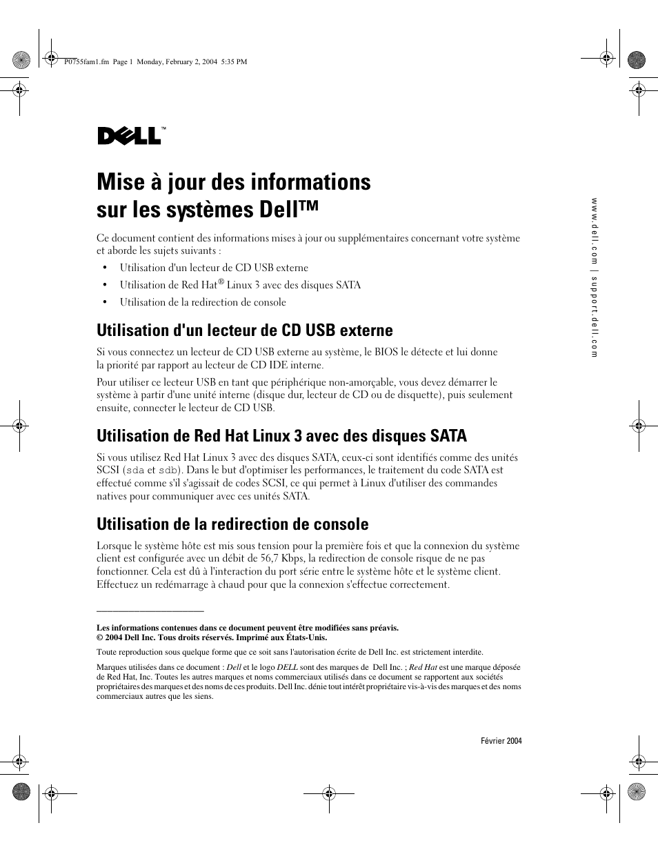 Mise à jour des informations sur les systèmes dell, Utilisation d'un lecteur de cd usb externe, Utilisation de la redirection de console | Dell PowerEdge 750 User Manual | Page 5 / 14