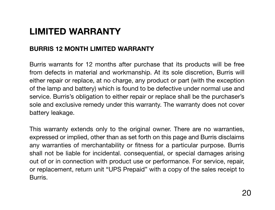 Limited warranty | Burris XT-120 User Manual | Page 22 / 24