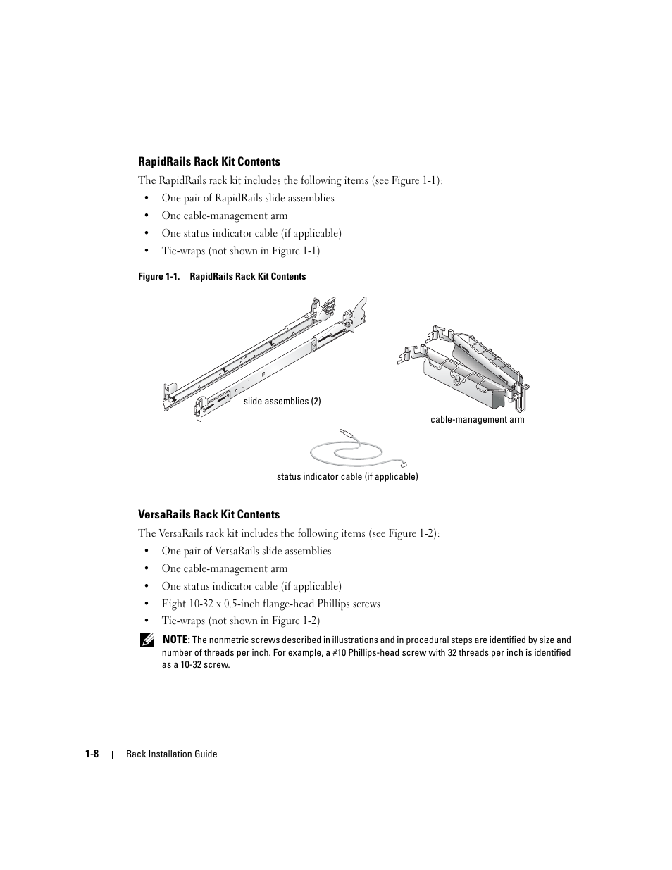 Rapidrails rack kit contents, Versarails rack kit contents, Figure 1-1 | Dell PowerEdge 2800 User Manual | Page 10 / 162