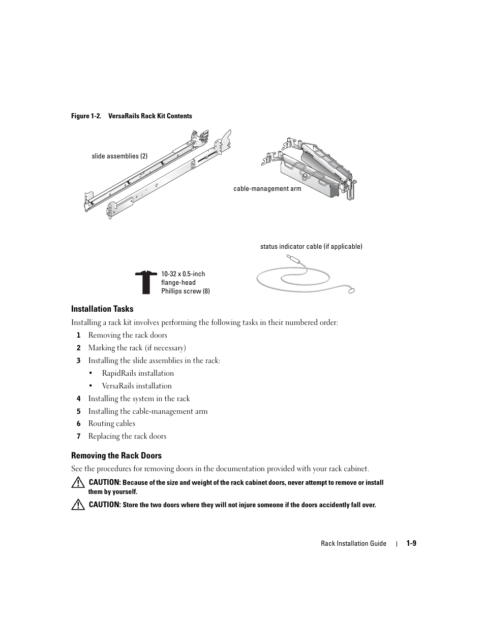 Installation tasks, Removing the rack doors, Figure 1-2 | Versarails rack kit contents, Ie-wraps (not shown in figure 1-2) | Dell PowerEdge 2800 User Manual | Page 11 / 162