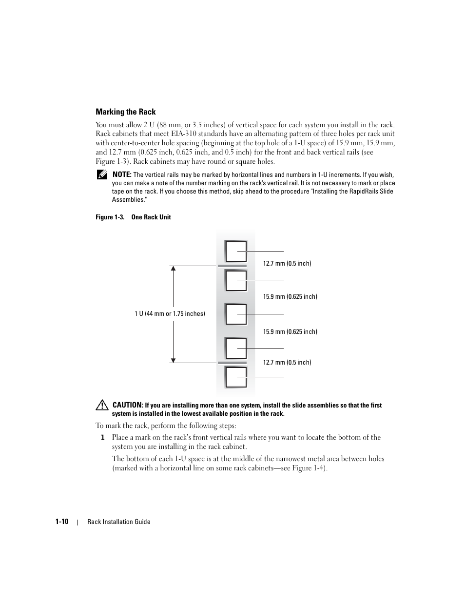 Marking the rack, Figure 1-3, One rack unit | Dell PowerEdge 2800 User Manual | Page 12 / 162