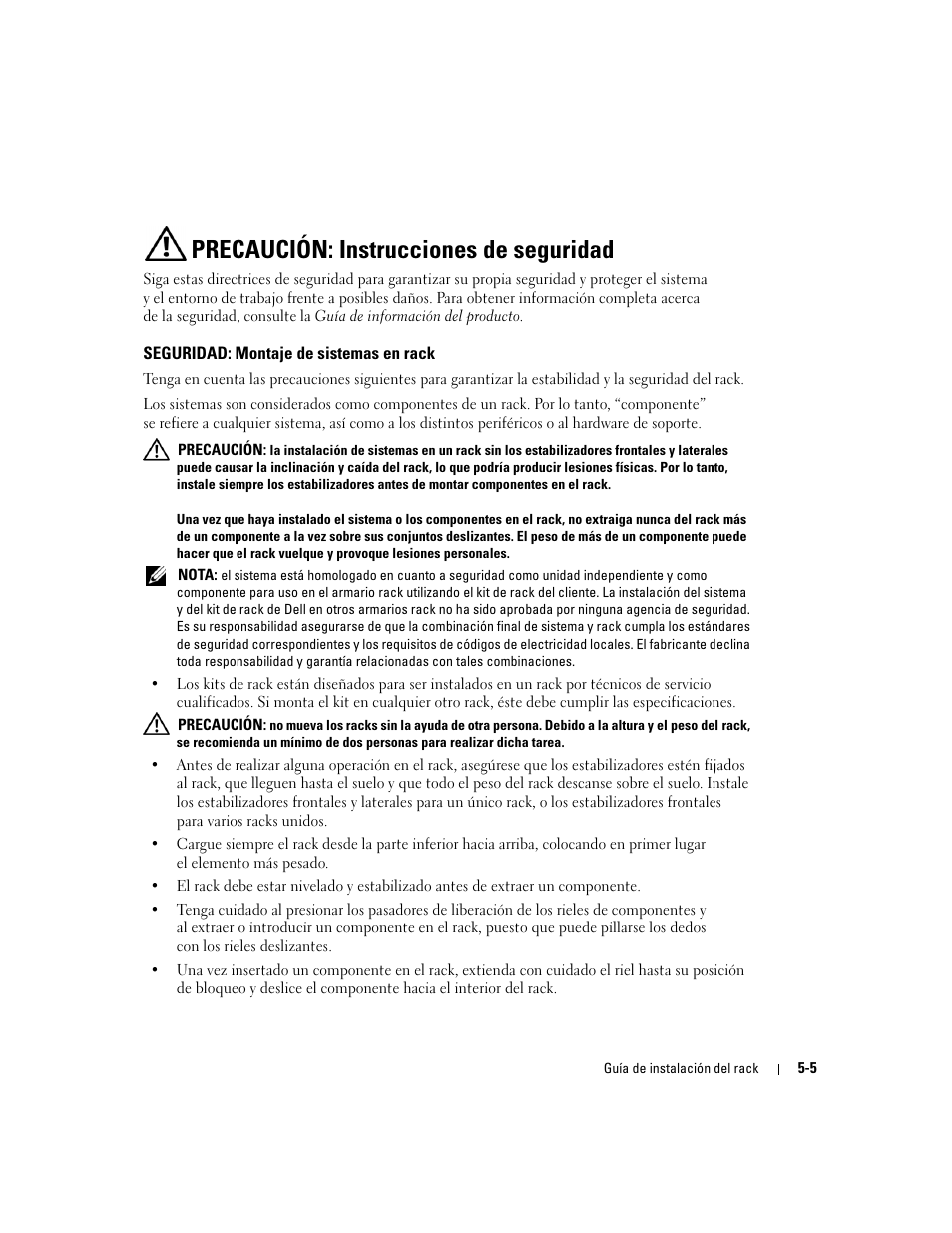 Precaución: instrucciones de seguridad, Seguridad: montaje de sistemas en rack | Dell PowerEdge 2800 User Manual | Page 135 / 162