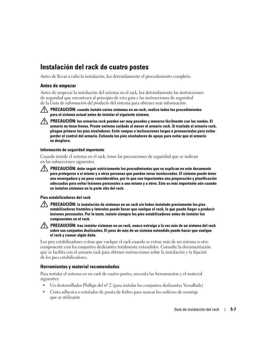 Instalación del rack de cuatro postes, Antes de empezar, Herramientas y material recomendados | Dell PowerEdge 2800 User Manual | Page 137 / 162