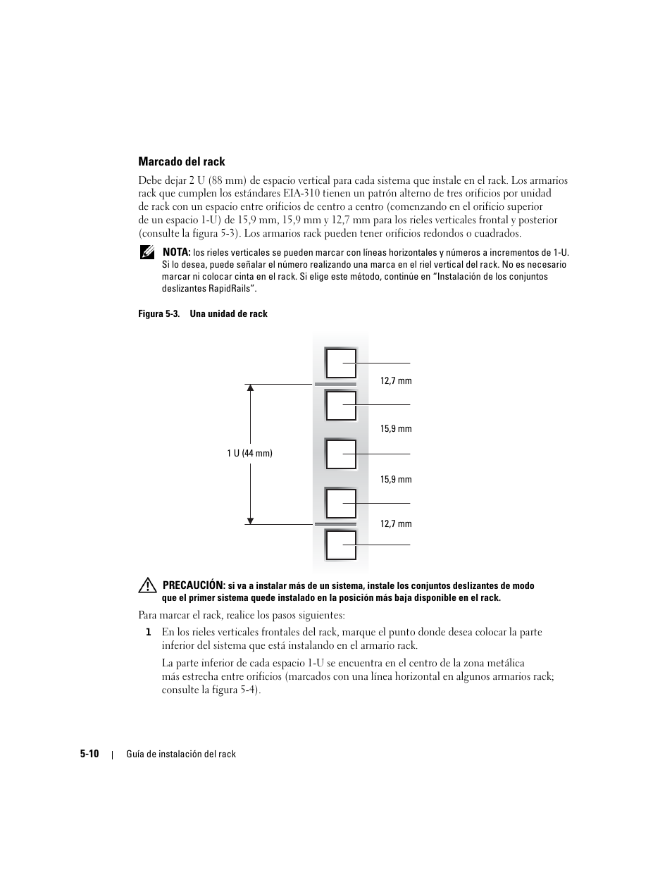 Marcado del rack, Figura 5-3, Una unidad de rack | Dell PowerEdge 2800 User Manual | Page 140 / 162