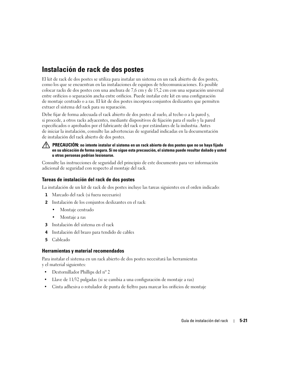 Instalación de rack de dos postes, Tareas de instalación del rack de dos postes, Herramientas y material recomendados | Dell PowerEdge 2800 User Manual | Page 151 / 162